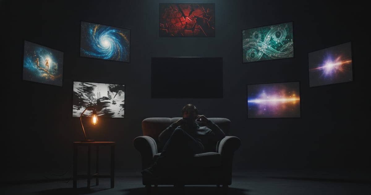 An illustration showing a person viewing multiple screens, each displaying a different adaptation of the same story, with thought bubbles indicating different viewing orders.