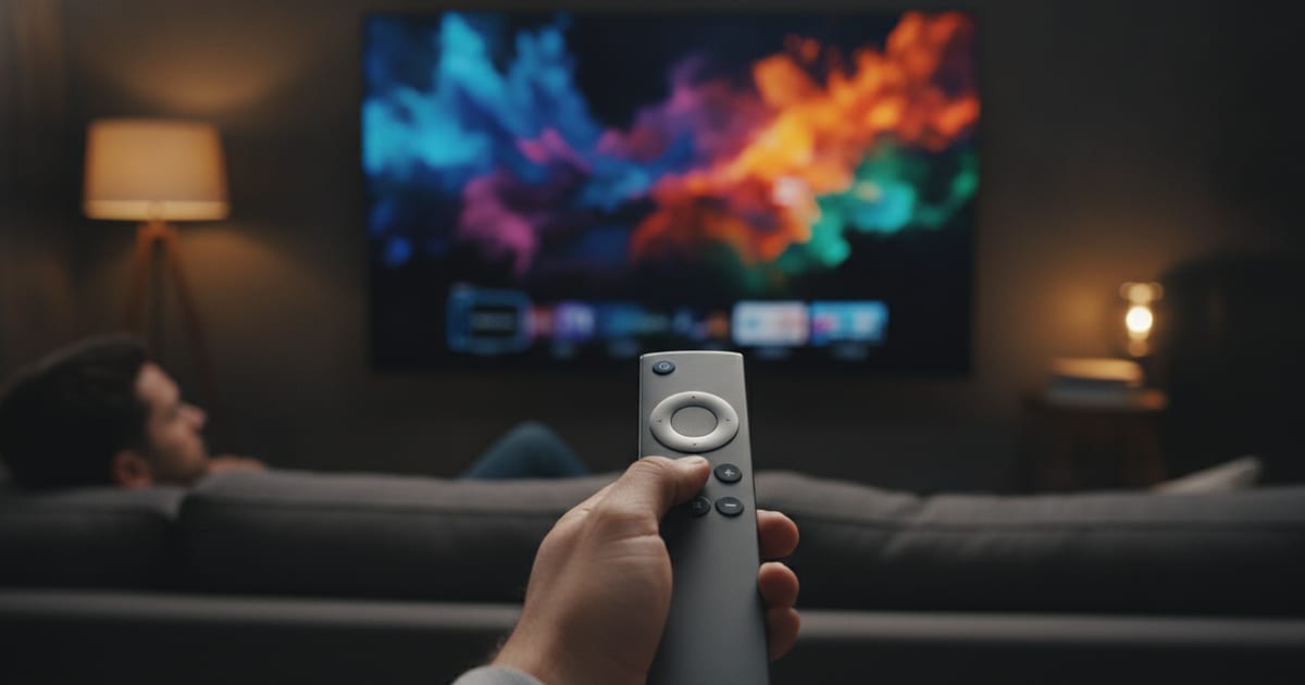 A hand holding a remote control points towards a glowing television screen displaying various streaming service logos, against a backdrop of a cozy living room at night.