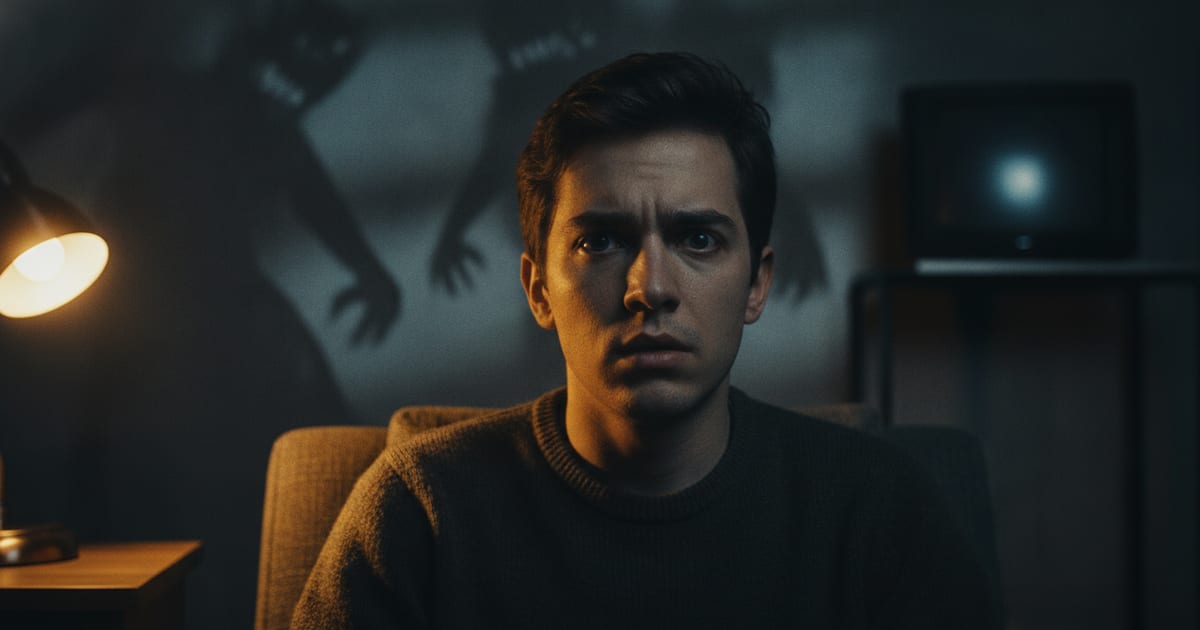 A striking illustration of a young man with intense eyes, surrounded by shadowy figures and dramatic lighting, symbolizing his roles in horror and dramatic thrillers.