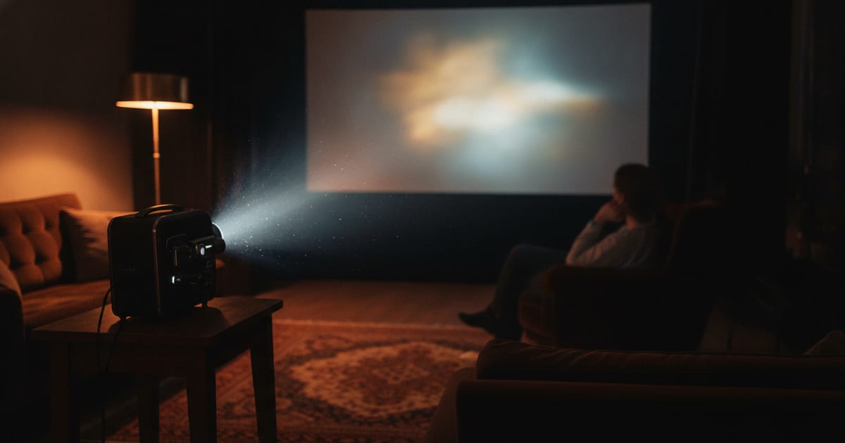 A close-up illustration of a movie projector casting light onto a screen, with a subtle silhouette of a person watching in the foreground.