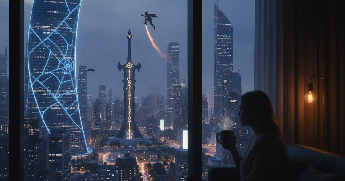 A stylized illustration of various iconic franchise symbols and characters subtly integrated into a futuristic cityscape, suggesting upcoming releases.
