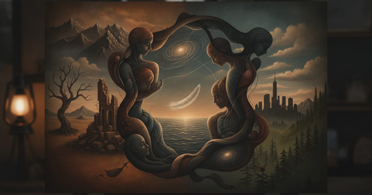 A stylized, abstract illustration representing the interconnectedness of human lives and fragmented narratives, with elements evoking Iñárritu's filmography like a bird's feather, a desert landscape, and intertwined threads.