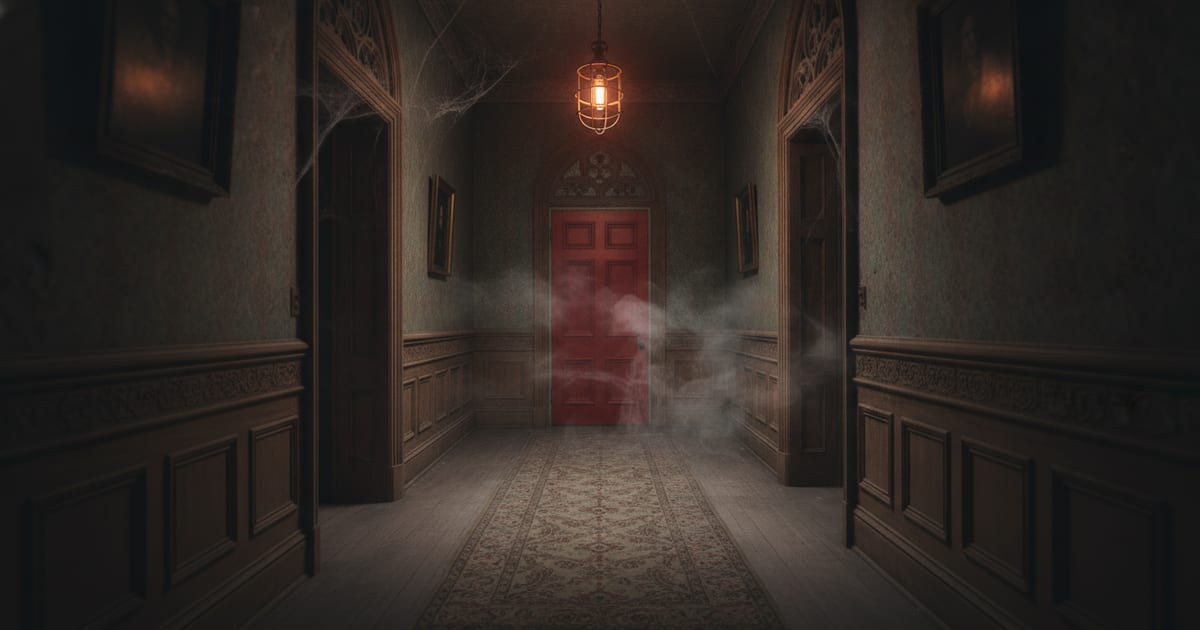 A dimly lit, eerie hallway with a red door at the end, shrouded in mist, suggesting a supernatural presence.