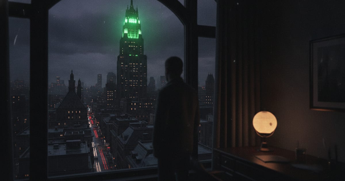 A stylized illustration of a city skyline at night, with a faint green light emanating from a central point, suggesting a superhero or supernatural presence.