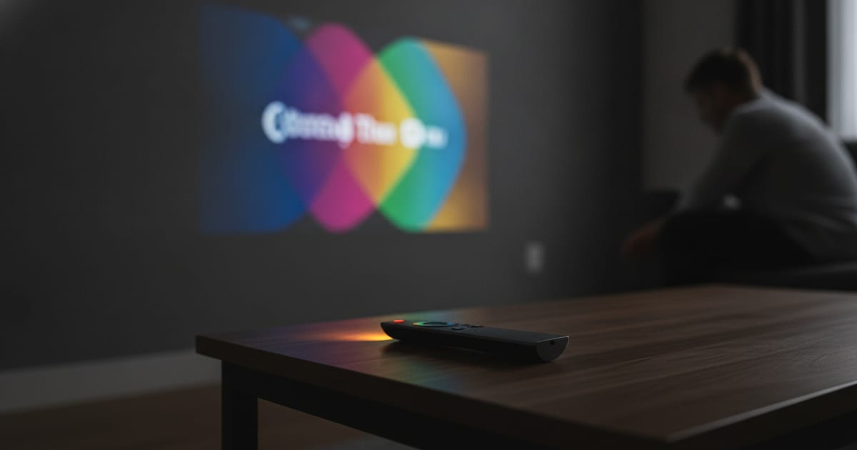 A single remote control sits on a coffee table, illuminated by the glow of a TV screen displaying a variety of streaming service logos.