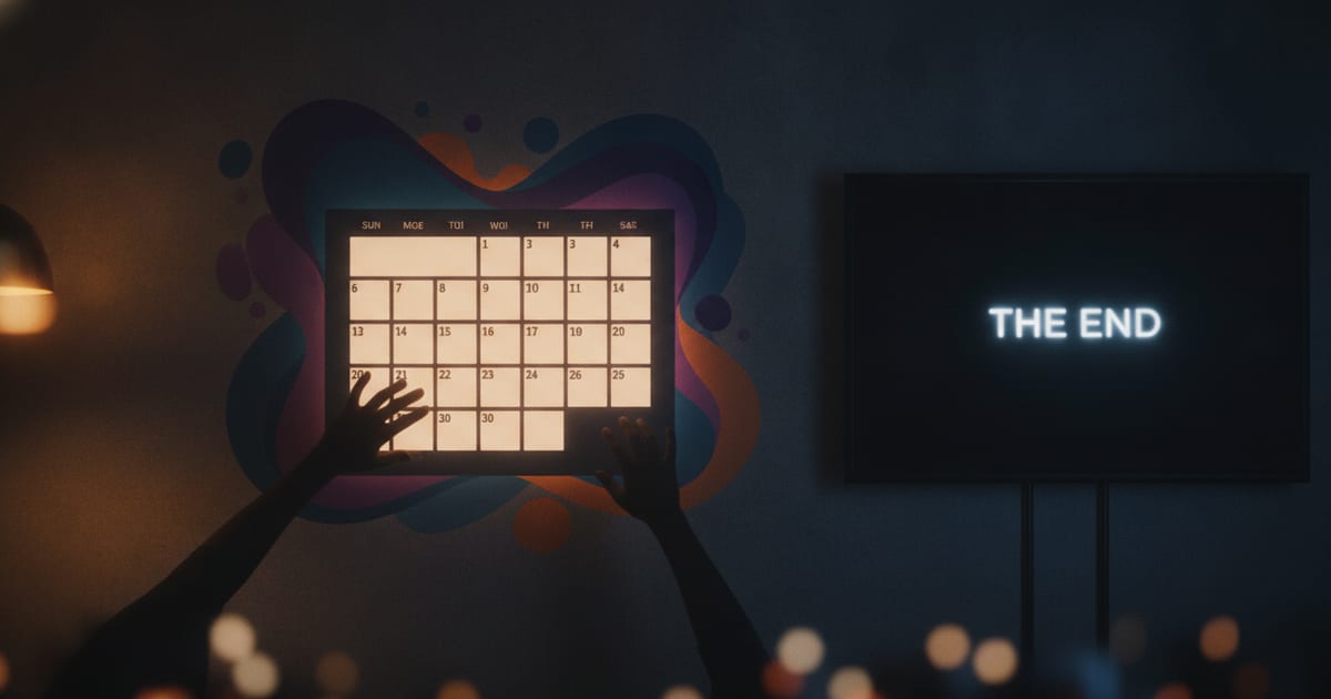 An illustration of a minimalist calendar with one month highlighted, surrounded by abstract representations of streaming service logos and a television screen showing a completed series.