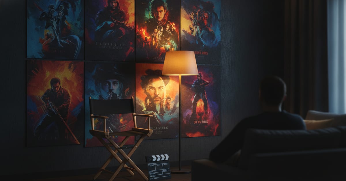 A collage of film posters for upcoming movies and TV shows, with a director's chair in the foreground.