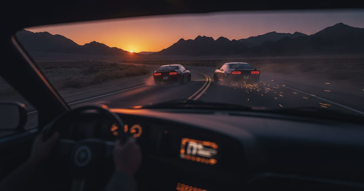 A stylized illustration of a high-speed car chase on a desert road, with a mountain range in the background, conveying intense action.