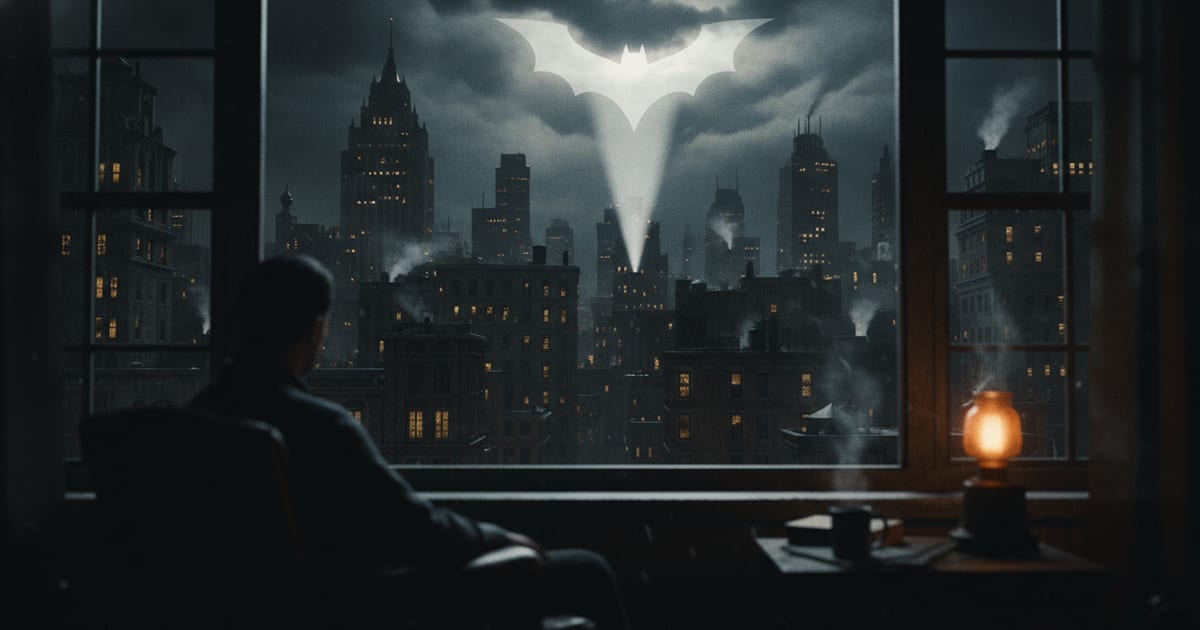 A dark, stylized illustration of a city skyline at night with a large bat signal projected onto the clouds, evoking the mood of the Dark Knight trilogy.