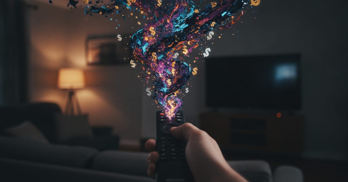 A hand holding a remote control, surrounded by a swirling vortex of streaming service logos and dollar signs, indicating complex choices and rising costs.
