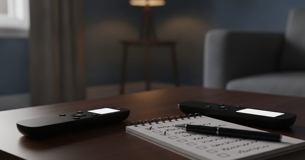 An illustration of several remote controls stacked on a coffee table next to a notepad with a checklist, suggesting organization and choice.