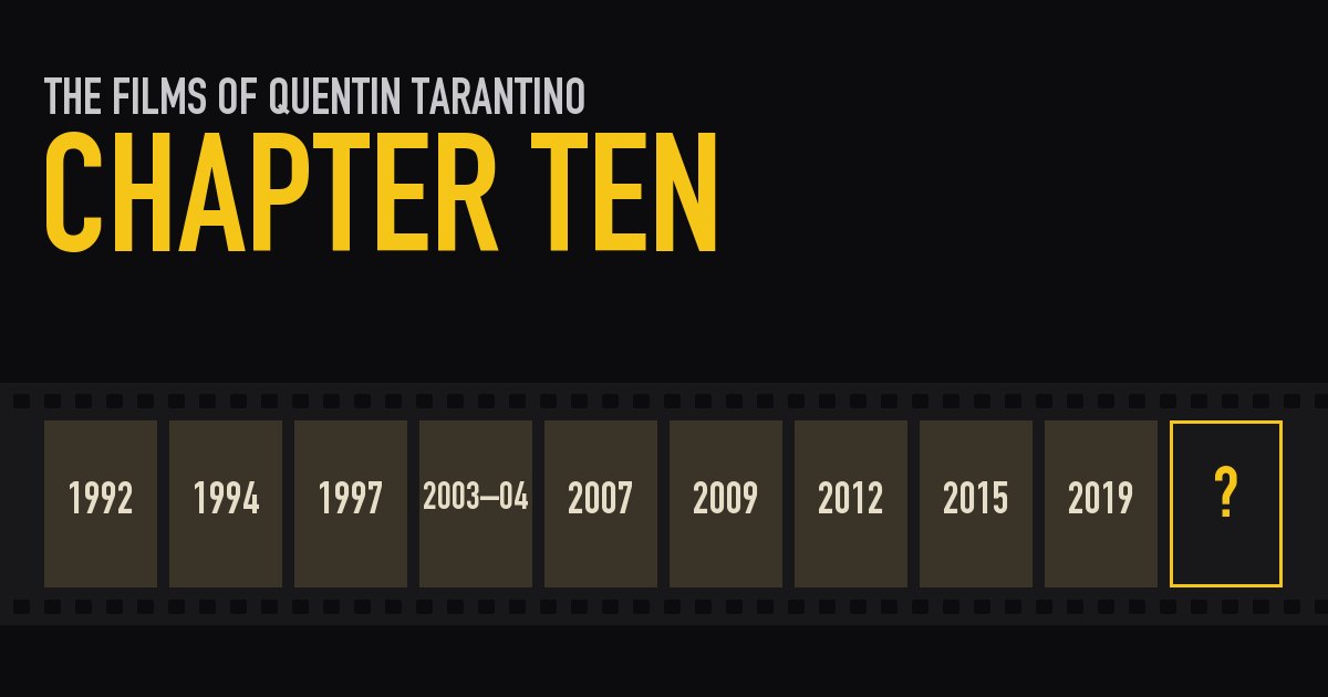 A black title card reading The Films of Quentin Tarantino, Chapter Ten, above a film strip of nine frames marked with release years from 1992 to 2019 and a tenth frame holding a question mark.