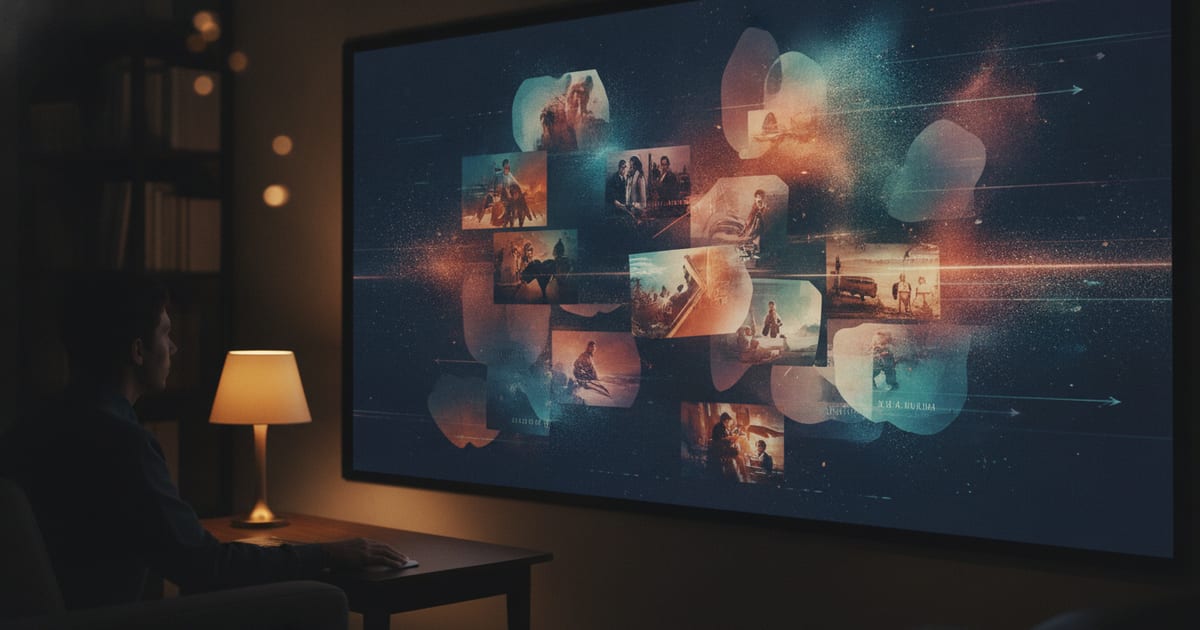 An abstract illustration of a digital streaming player interface with various movie and TV show thumbnails, some fading away, symbolizing content leaving a platform.