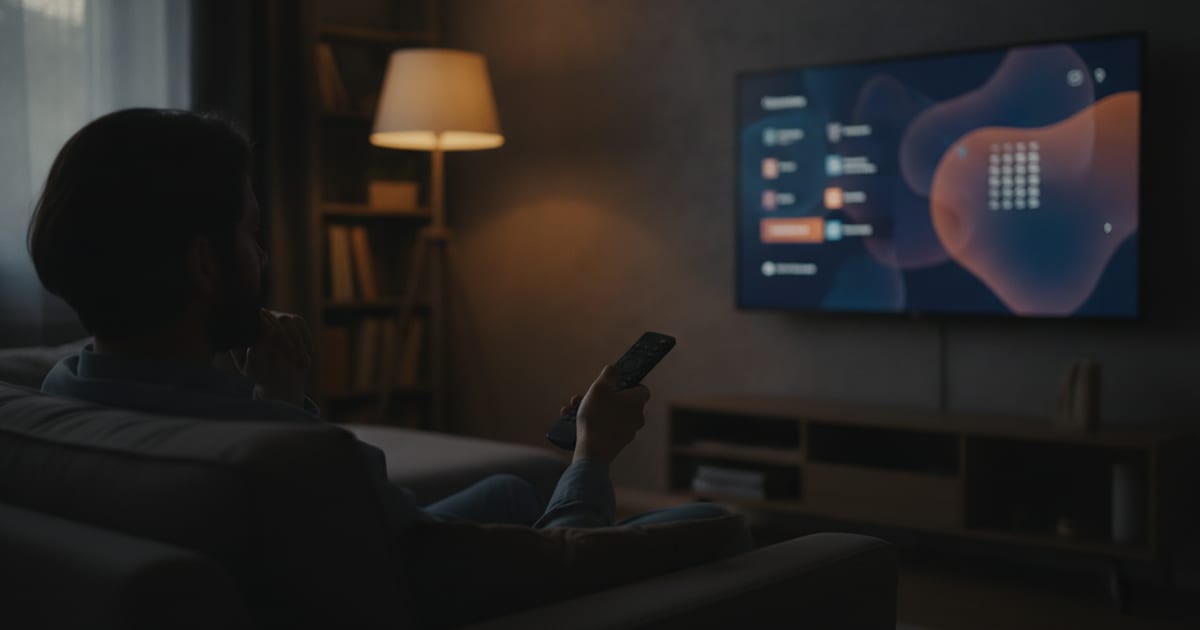 A person holding a remote control, looking thoughtfully at a television screen displaying a streaming service interface, with subtle ad banners visible in the corner.