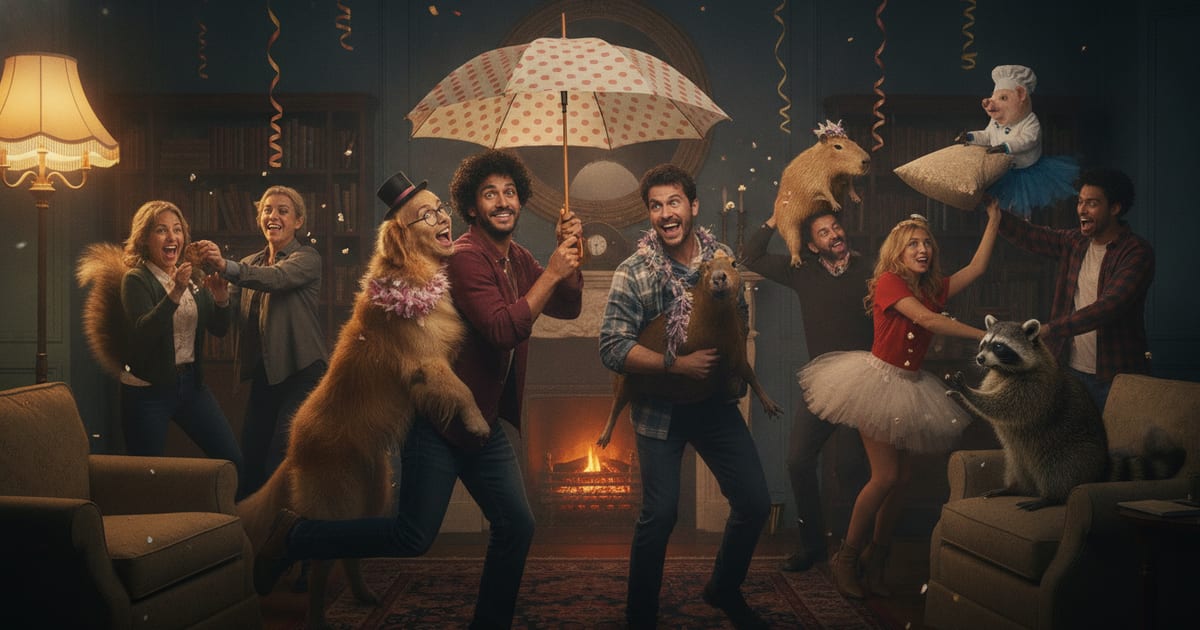 A vibrant illustration depicting various characters from romantic comedies and family films, smiling and interacting in a lighthearted setting, with subtle comedic elements.