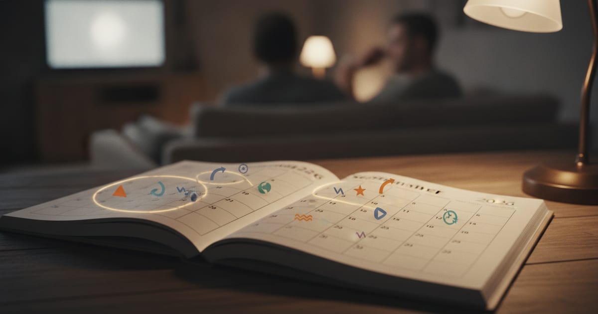 A calendar page showing August and September 2026, with various streaming service logos subtly integrated into the dates, suggesting a busy schedule.