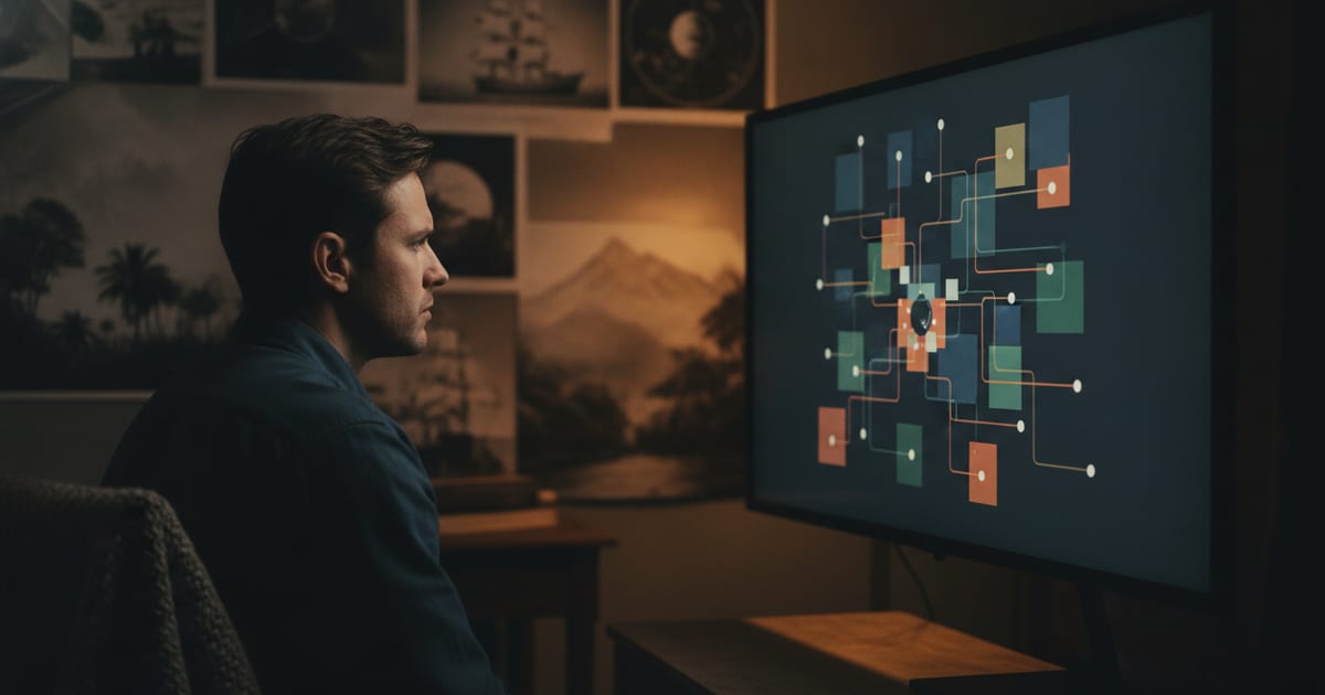 A person thoughtfully considering several streaming service logos on a screen, surrounded by documentary-style imagery.