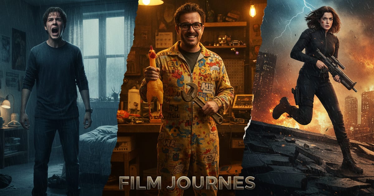 A collage of three actors, Austin Abrams, Paul Walter Hauser, and Anne Hathaway, in various roles from their careers, subtly hinting at the historical setting of Lizzie Borden.