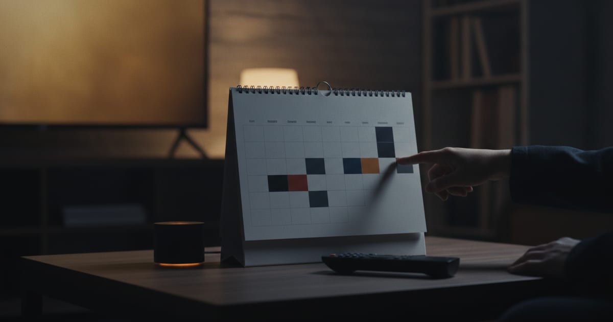 An illustration showing a calendar with dates marked, symbolizing the release schedule of TV show episodes, next to a remote control and a streaming device.