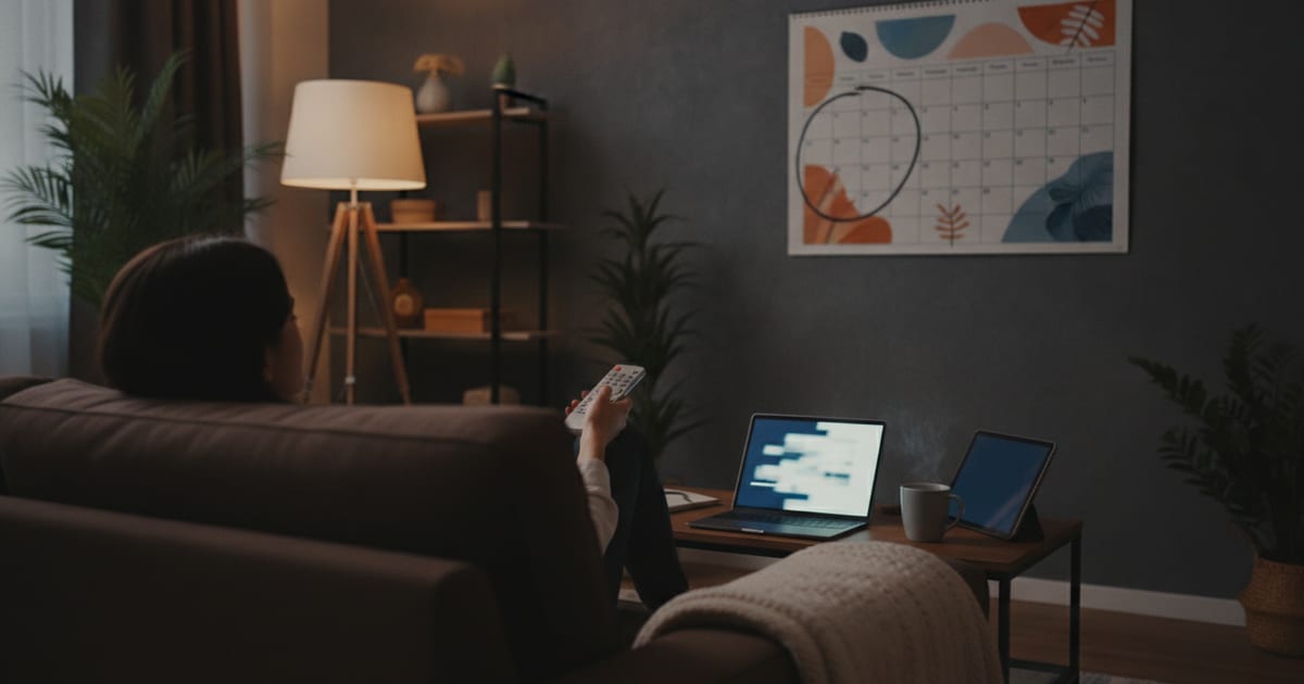 A person sitting comfortably on a sofa, surrounded by various streaming devices and a calendar marked with a month, planning their viewing schedule.