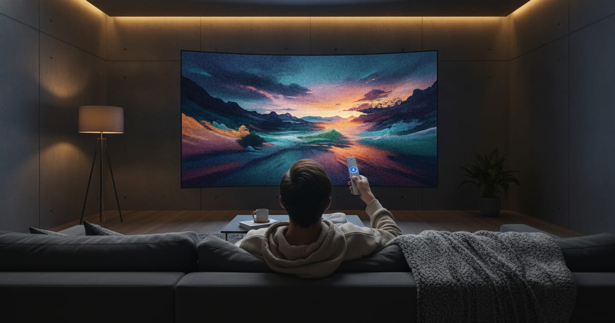 A person sits on a couch, watching a TV screen displaying various streaming service logos, with a remote control in hand, surrounded by a subtle glow.