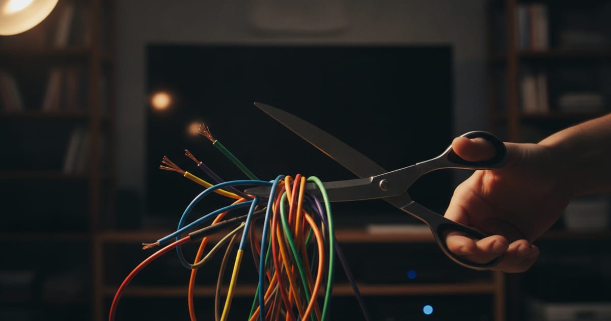 An illustration showing a hand holding scissors, about to cut a tangled bundle of colorful cables representing streaming services.