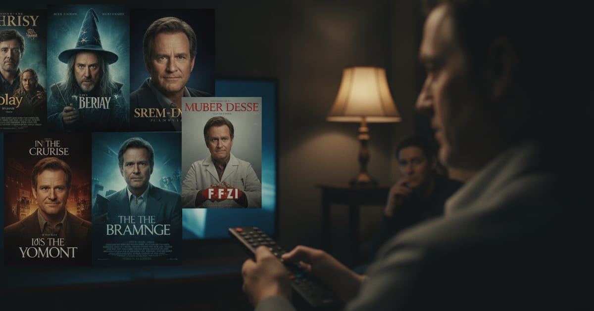 A diverse collection of movie posters and TV show titles, featuring a man with a distinct, friendly expression in various supporting roles.
